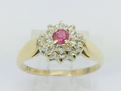 10k Yellow Gold Round Cut 16pt Genuine Ruby July Birthstone & 10pt Diamond Halo Ring