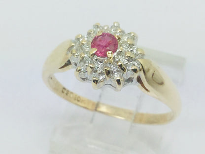10k Yellow Gold Round Cut 16pt Genuine Ruby July Birthstone & 10pt Diamond Halo Ring