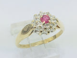 10k Yellow Gold Round Cut 16pt Genuine Ruby July Birthstone & 10pt Diamond Halo Ring