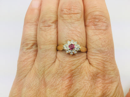 10k Yellow Gold Round Cut 16pt Genuine Ruby July Birthstone & 10pt Diamond Halo Ring