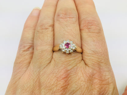 10k Yellow Gold Round Cut 16pt Genuine Ruby July Birthstone & 10pt Diamond Halo Ring