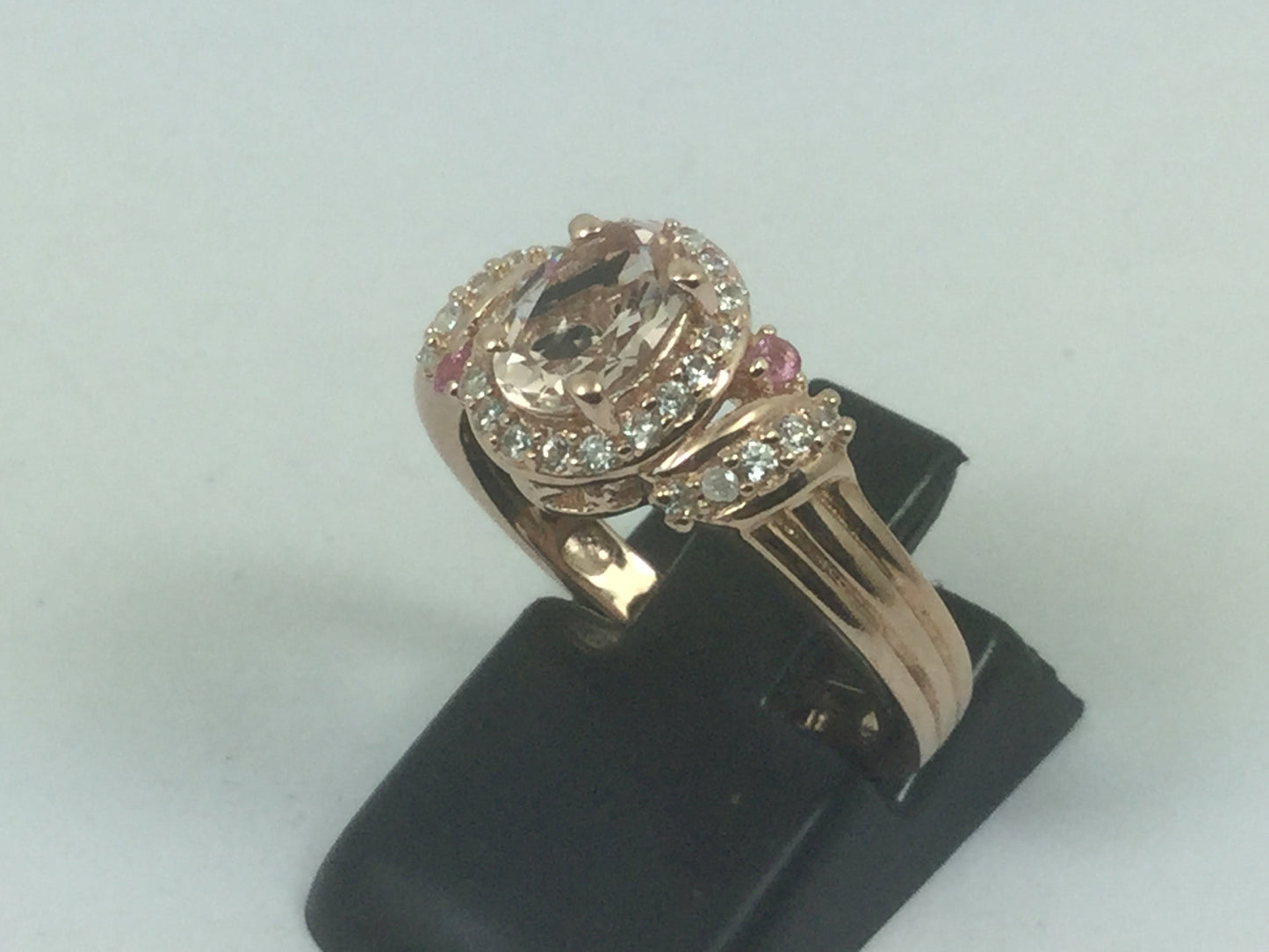 Silver Rose Gold Plated Cubic Zirconia & Rose Quartz Ring