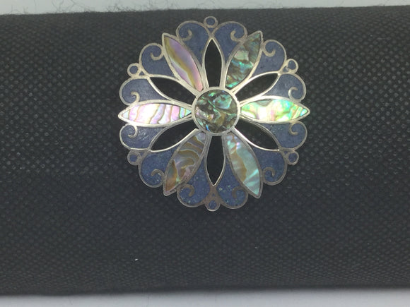 Silver Vintage Flower Pin With Lapis Lazuli & Abalone Shell