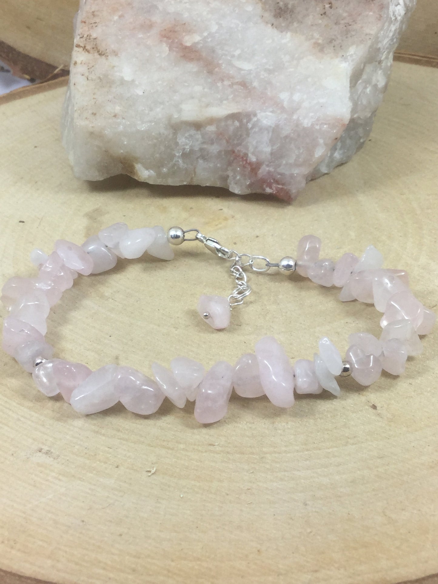 Adjustable Sterling Silver Genuine Gemstone Bracelet with Rose Quartz ( Unconditional Love )