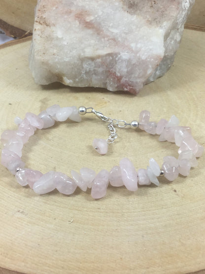 Adjustable Sterling Silver Genuine Gemstone Bracelet with Rose Quartz ( Unconditional Love )