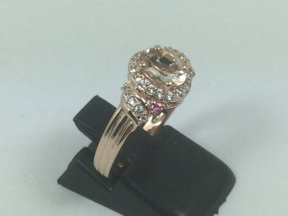 Silver Rose Gold Plated Cubic Zirconia & Rose Quartz Ring