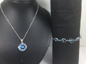 Cute Silver Baby Blue Evil Eye Necklace & Bracelet Set