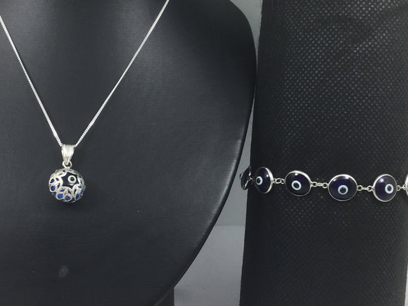 Unique Silver Dark Blue Evil Eye Necklace & Bracelet Set