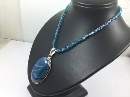 Adjustable Silver Genuine Gemstone Blue Agate On Beaded Necklace