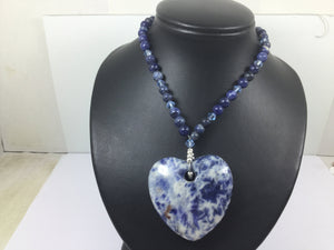 Silver Genuine Gemstone Sodalite Heart Shaped Adjustable Beaded Necklace