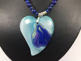 Silver Genuine Gemstone Lapis ( Stone Of Total Awareness ) / Agate Heart Shaped On Beaded Necklace Adjustable