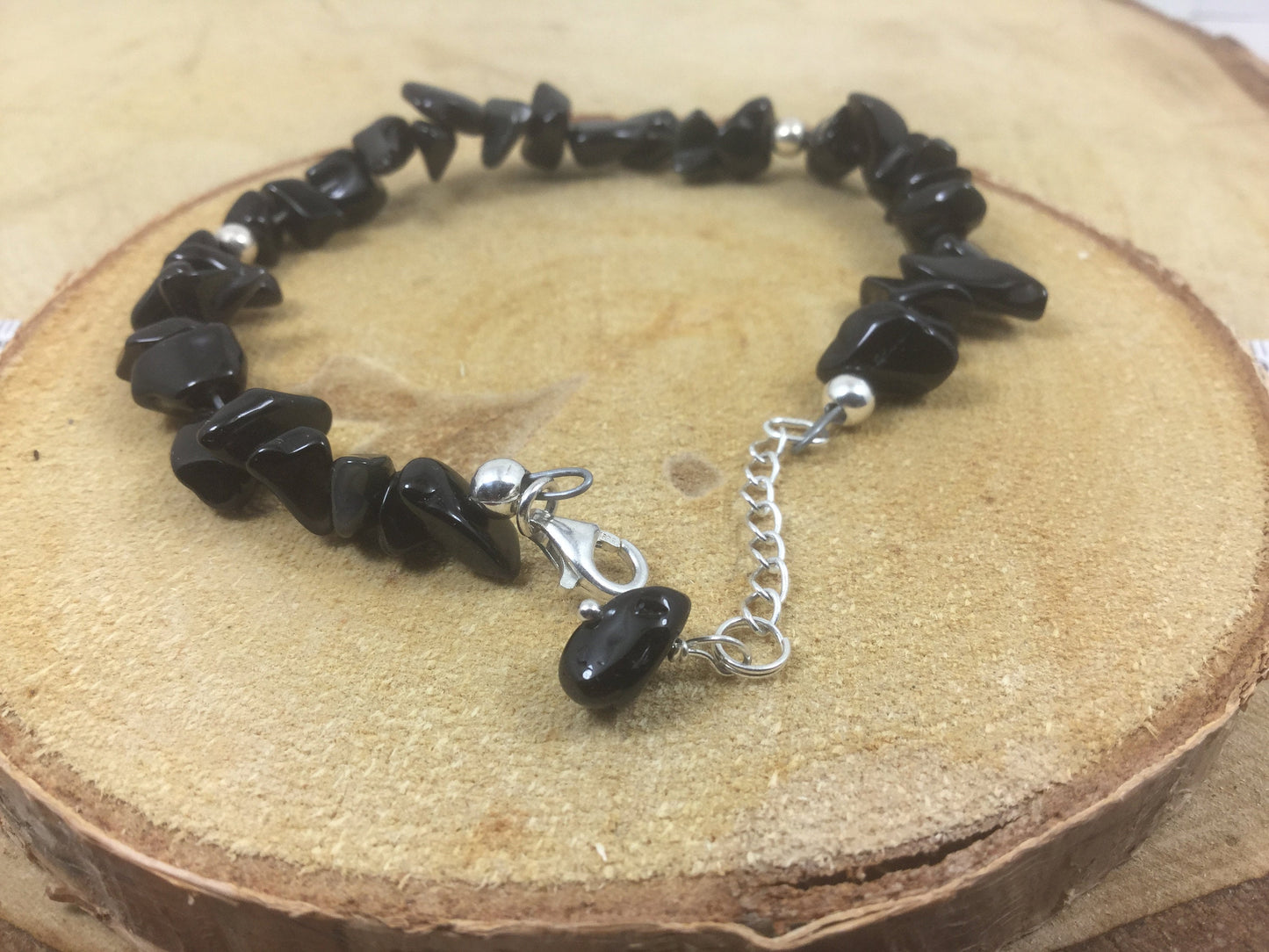 Adjustable Sterling Silver Genuine Gemstone Bracelet with Black Onyx ( The Protection Stone )
