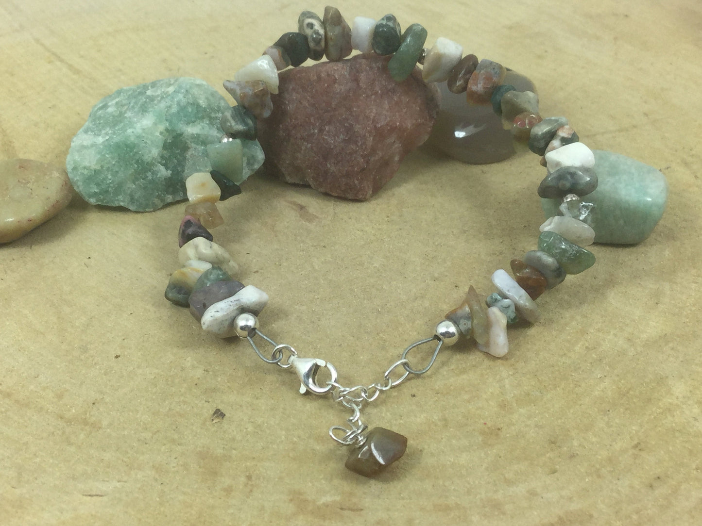 Adjustable Sterling Silver Genuine Gemstone Bracelet With Ocean Jasper (Stone Of Healing Past Sorrows )