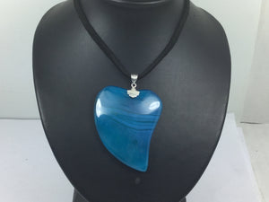 Beautiful Genuine Gemstone Heart Shaped Agate On Leather Cord And Silver Clasp