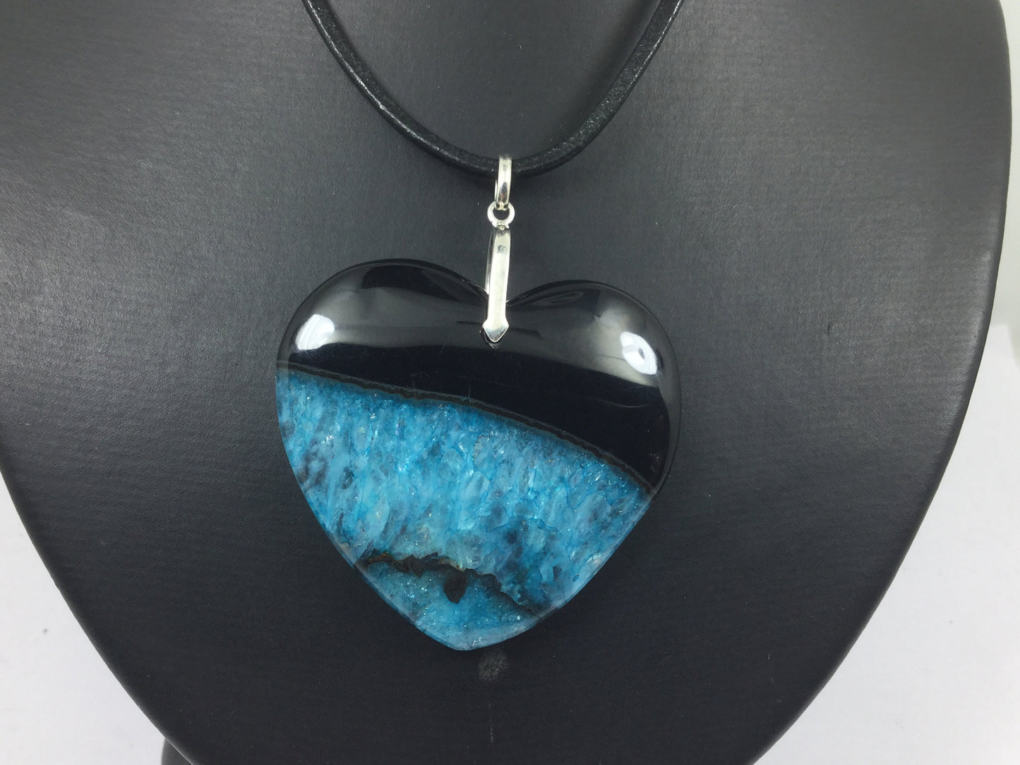 Stunning Genuine Gemstone Heart Shaped Druzy Agate On Leather Cord With Silver Lobster Claw