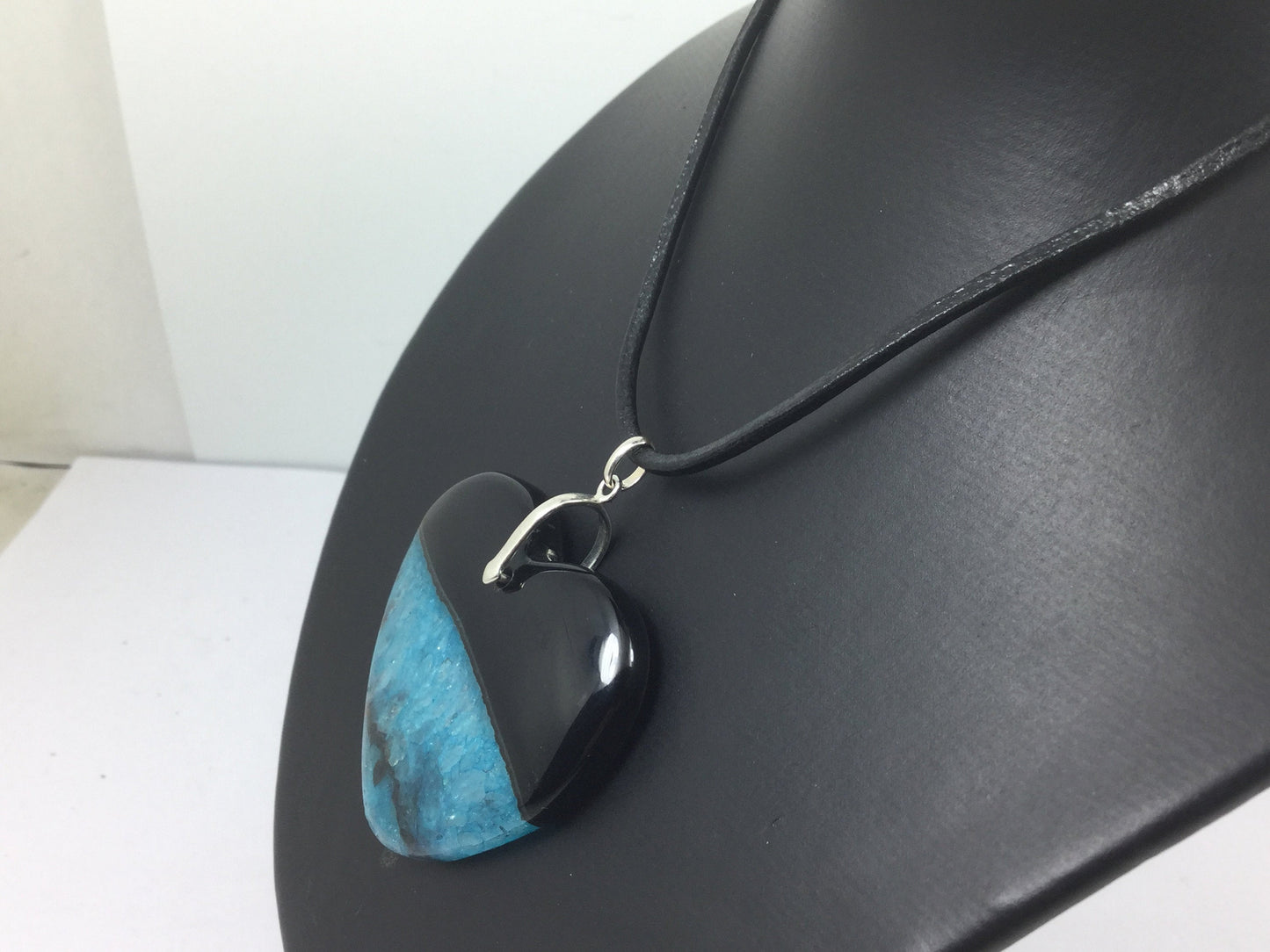 Stunning Genuine Gemstone Heart Shaped Druzy Agate On Leather Cord With Silver Lobster Claw