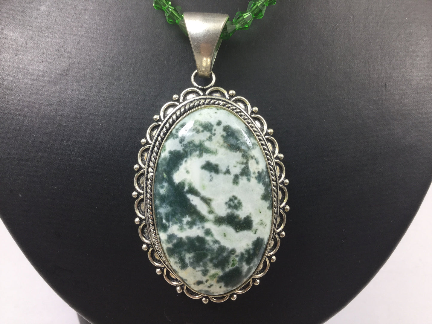 Silver Genuine Gemstone Moss Agate On A Beaded Necklace