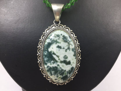 Silver Genuine Gemstone Moss Agate On A Beaded Necklace