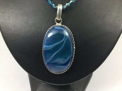 Adjustable Silver Genuine Gemstone Blue Agate On Beaded Necklace