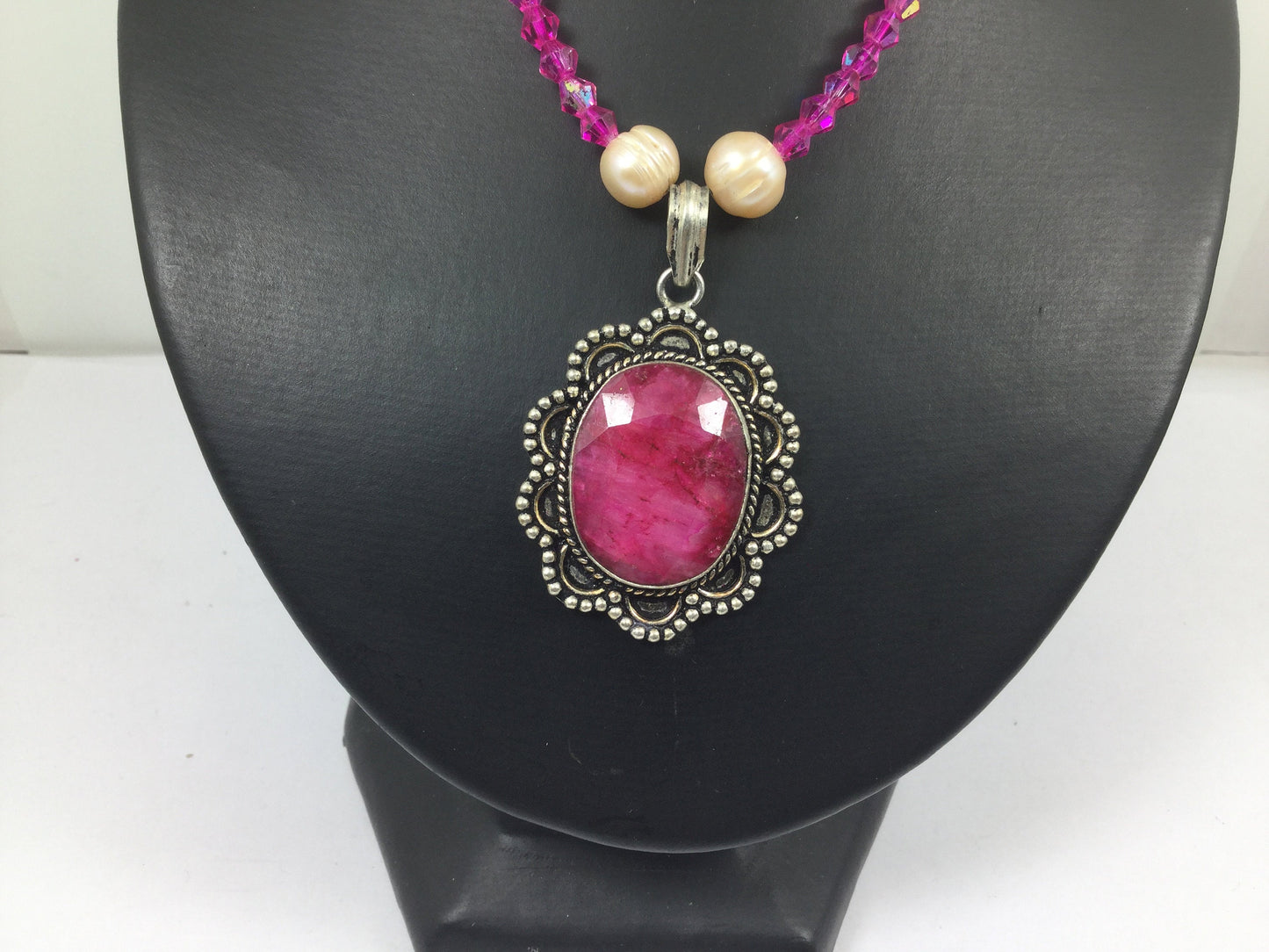 Silver Genuine Gemstone Ruby (Stone Of Nobility ) Pearl  On A Beaded Necklace