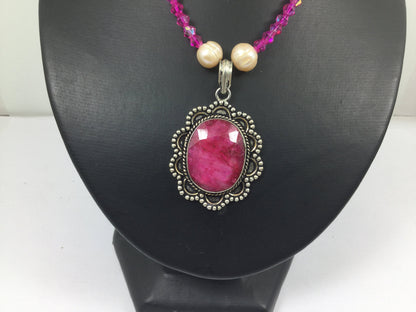 Silver Genuine Gemstone Ruby (Stone Of Nobility ) Pearl  On A Beaded Necklace