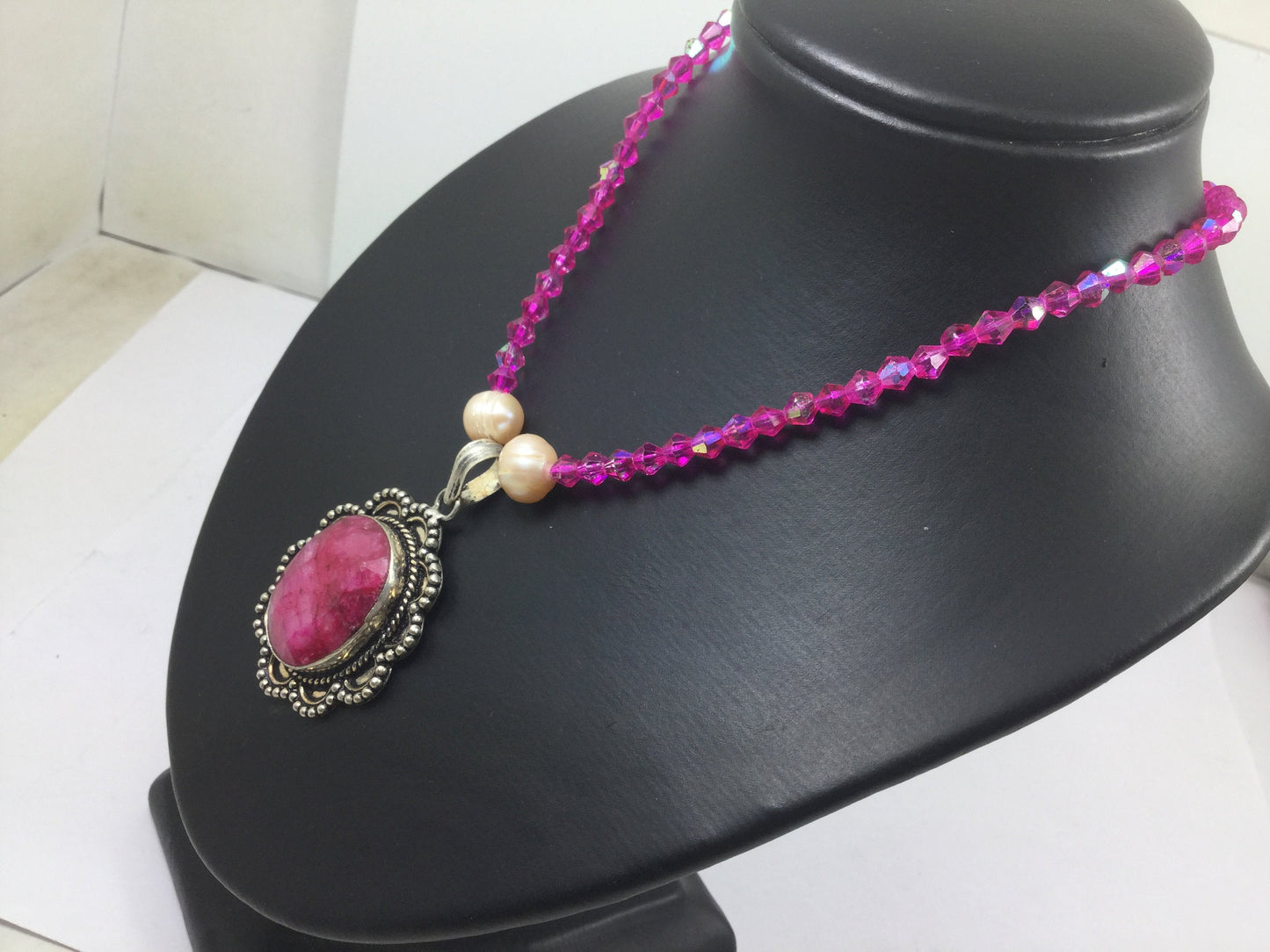 Silver Genuine Gemstone Ruby (Stone Of Nobility ) Pearl  On A Beaded Necklace