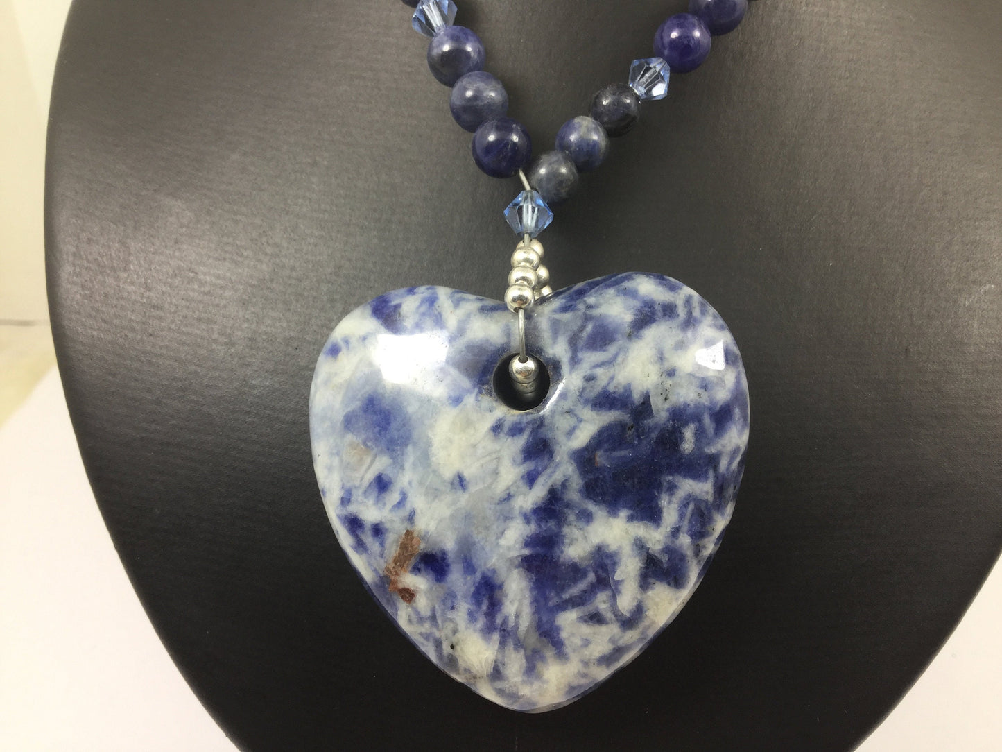 Silver Genuine Gemstone Sodalite Heart Shaped Adjustable Beaded Necklace