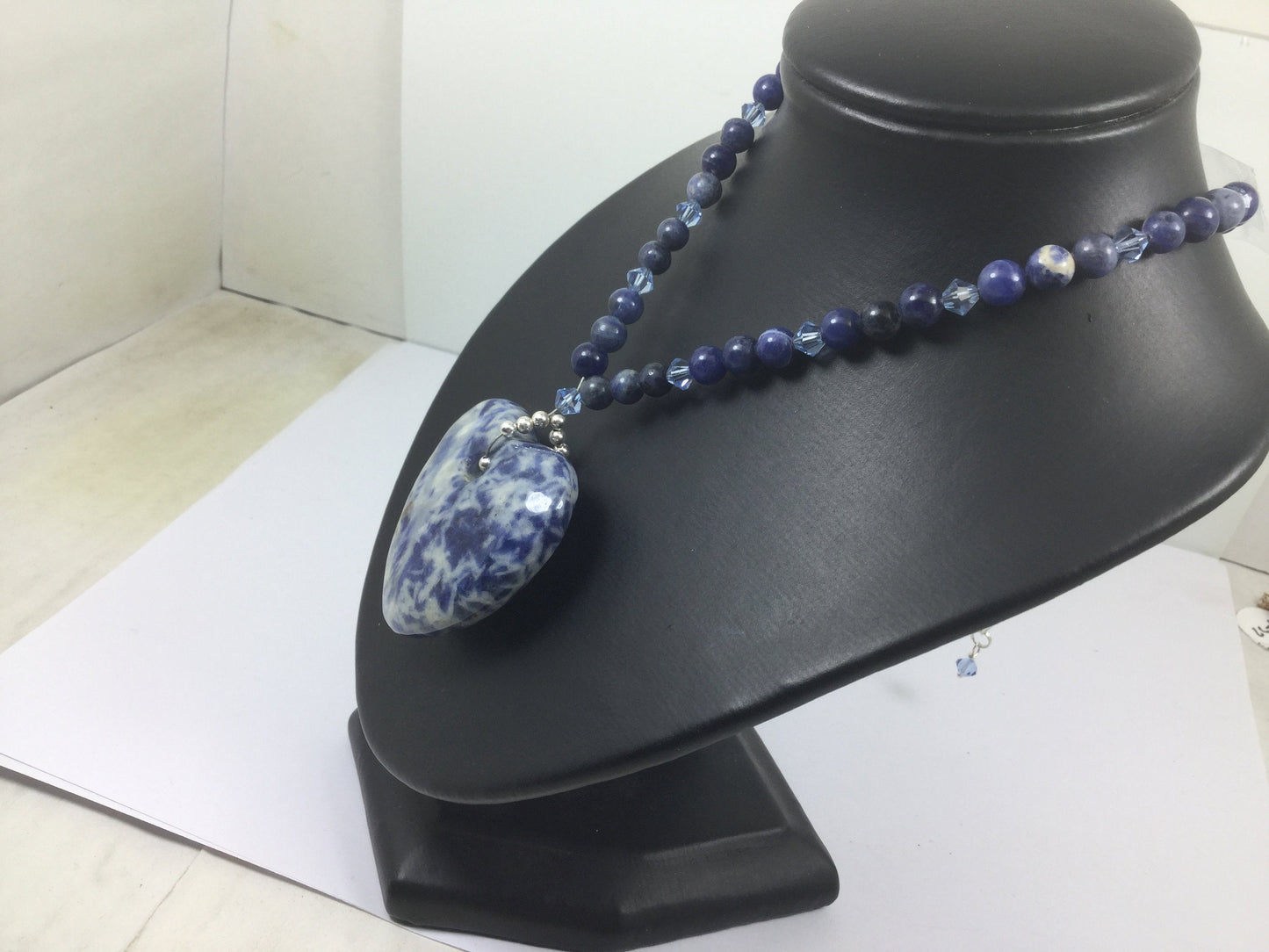 Silver Genuine Gemstone Sodalite Heart Shaped Adjustable Beaded Necklace