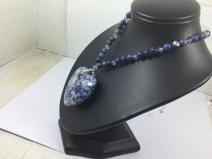 Silver Genuine Gemstone Sodalite Heart Shaped Adjustable Beaded Necklace