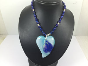 Silver Genuine Gemstone Lapis ( Stone Of Total Awareness ) / Agate Heart Shaped On Beaded Necklace Adjustable