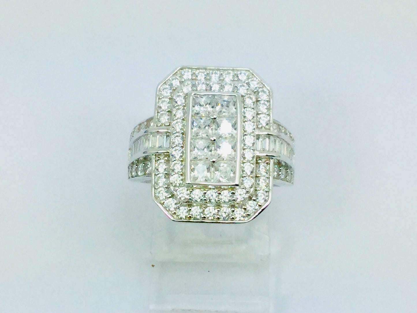 Rhodium Plated Sterling Silver Rectangular Faced CZ Ring