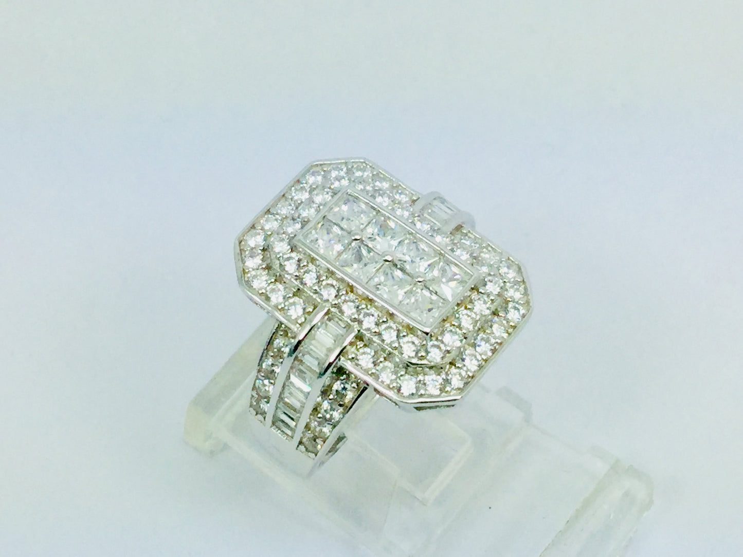 Rhodium Plated Sterling Silver Rectangular Faced CZ Ring