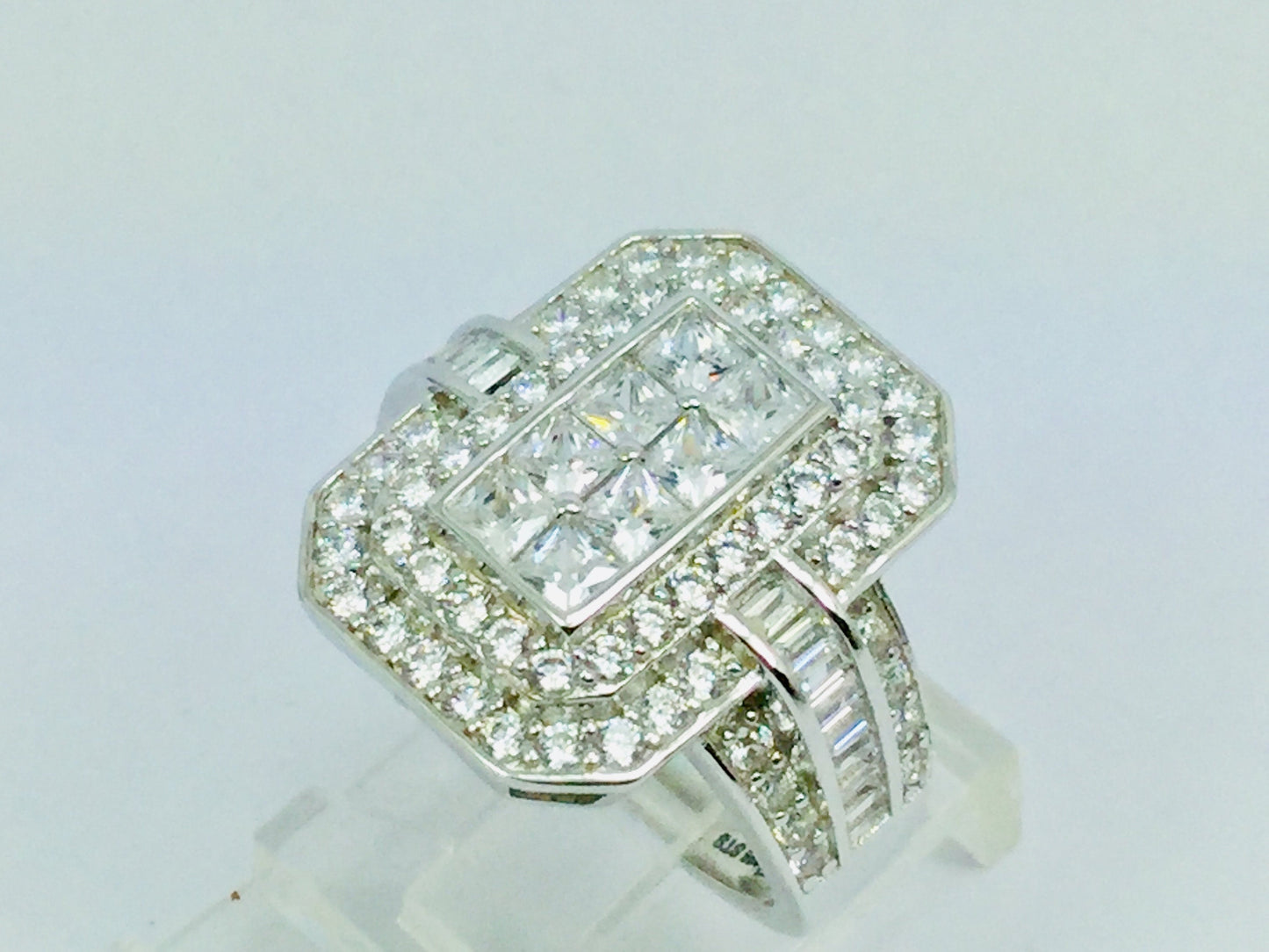 Rhodium Plated Sterling Silver Rectangular Faced CZ Ring