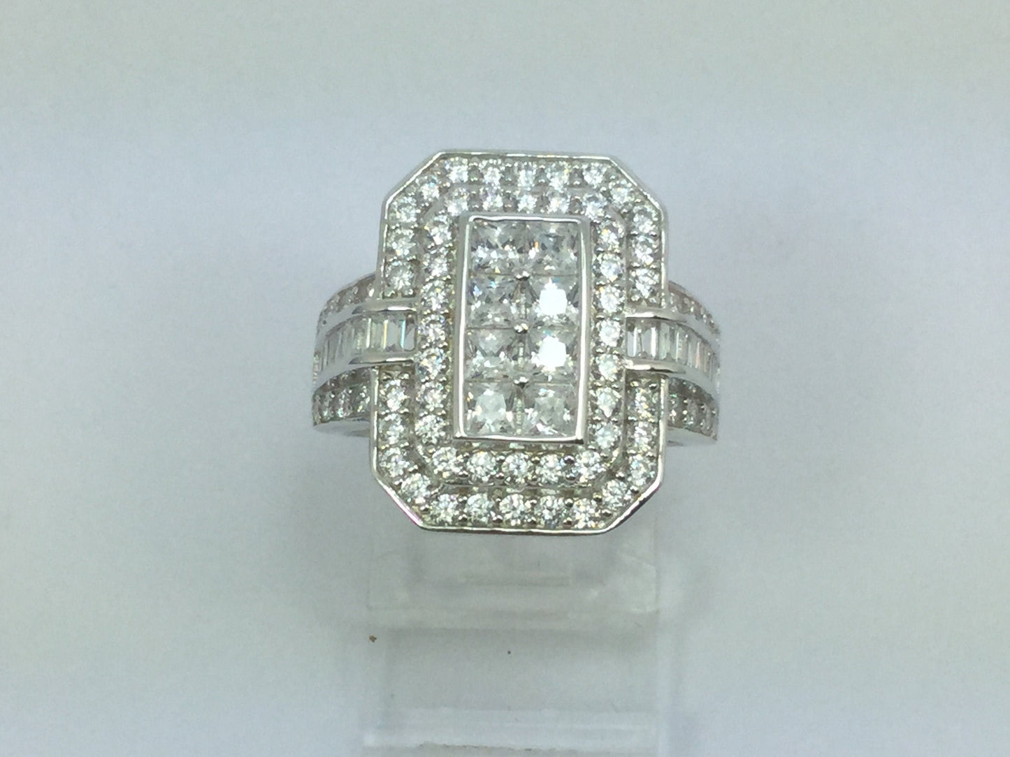 Rhodium Plated Sterling Silver Rectangular Faced CZ Ring