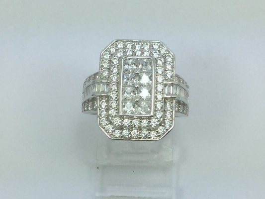 Rhodium Plated Sterling Silver Rectangular Faced CZ Ring