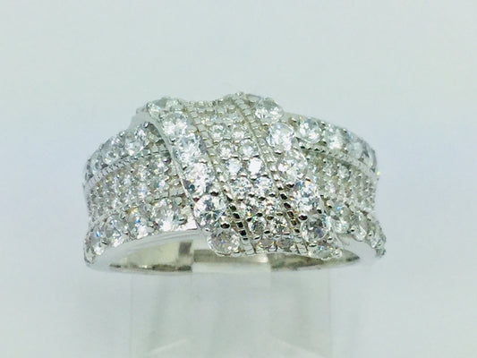 Rhodium Plated Sterling Silver Crossover CZ Ring